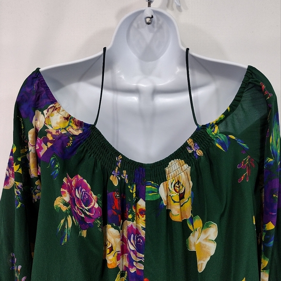 Anthropologie Maeve Floral Tallie Cold Shoulder Silk Blouse Womens XS Green 90s - Picture 8 of 12